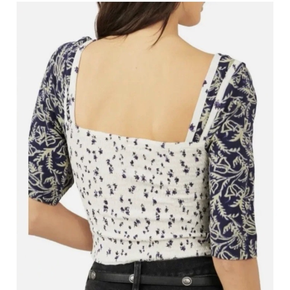 Free People Marigold Mix Top Womens S White Navy Smocked Floral Boho NWOT